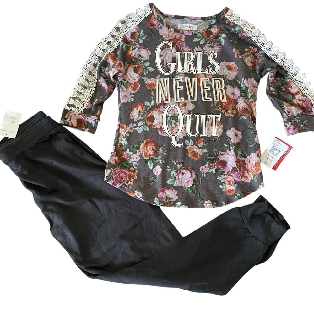 Knitworks Girls Matching Floral Top with Butterfly Accent and Lounge Pants XL